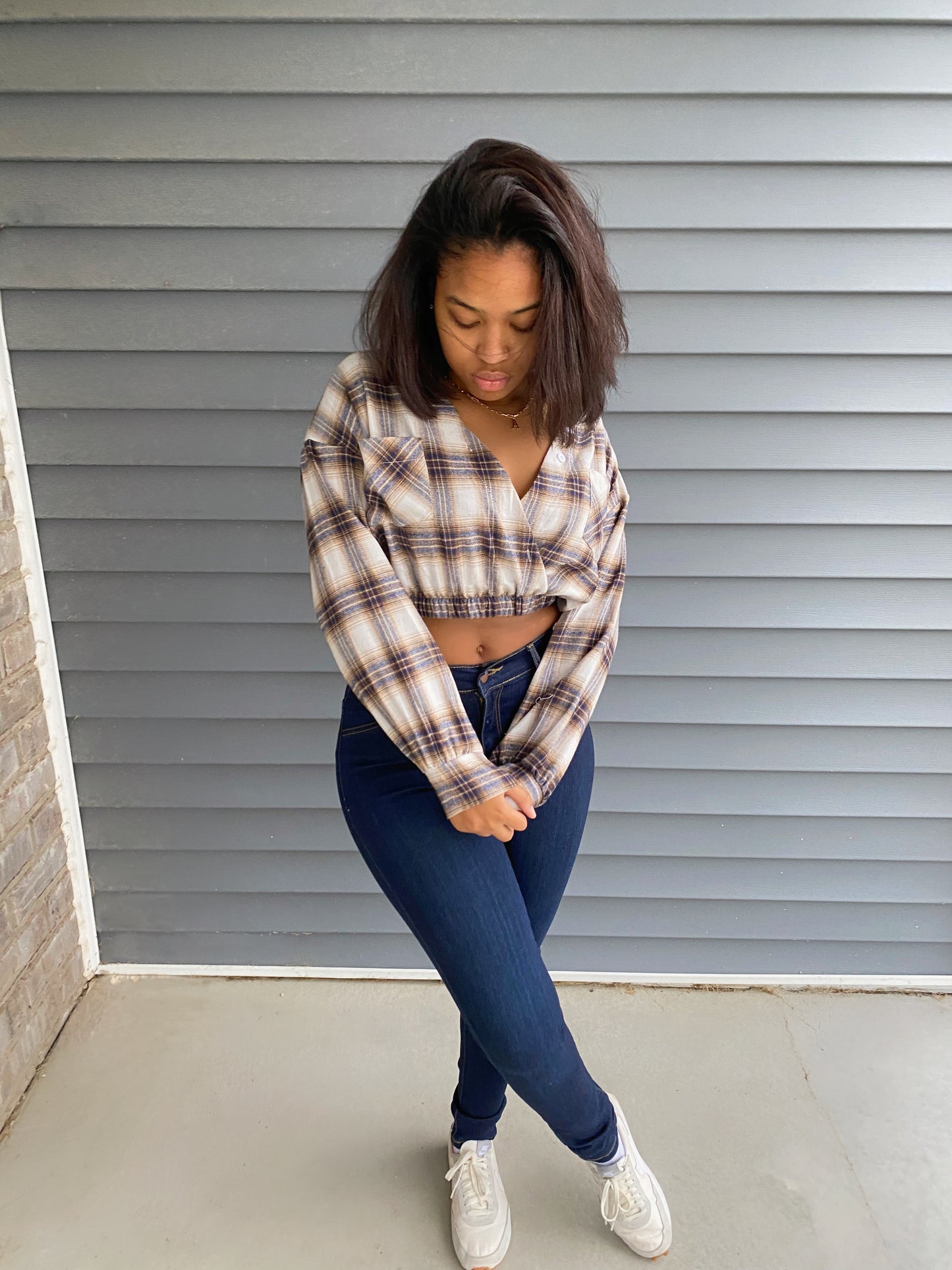 Loose Plaid Cropped Top